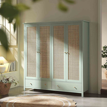Armoire 4 portes en rotin Frances avec 2 tiroirs, menthe