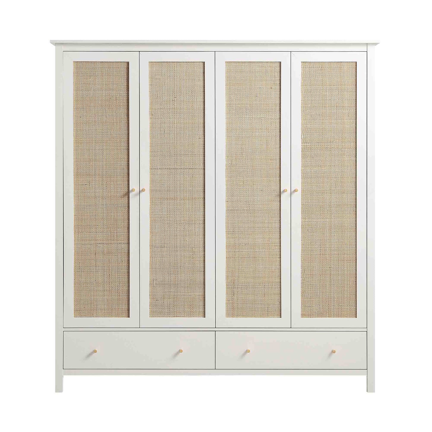 Armoire 4 portes en rotin Frances avec 2 tiroirs, blanche