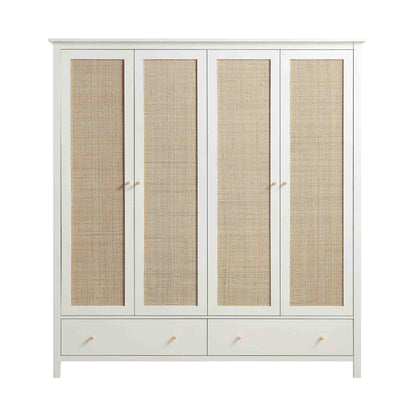 Armoire 4 portes en rotin Frances avec 2 tiroirs, blanche