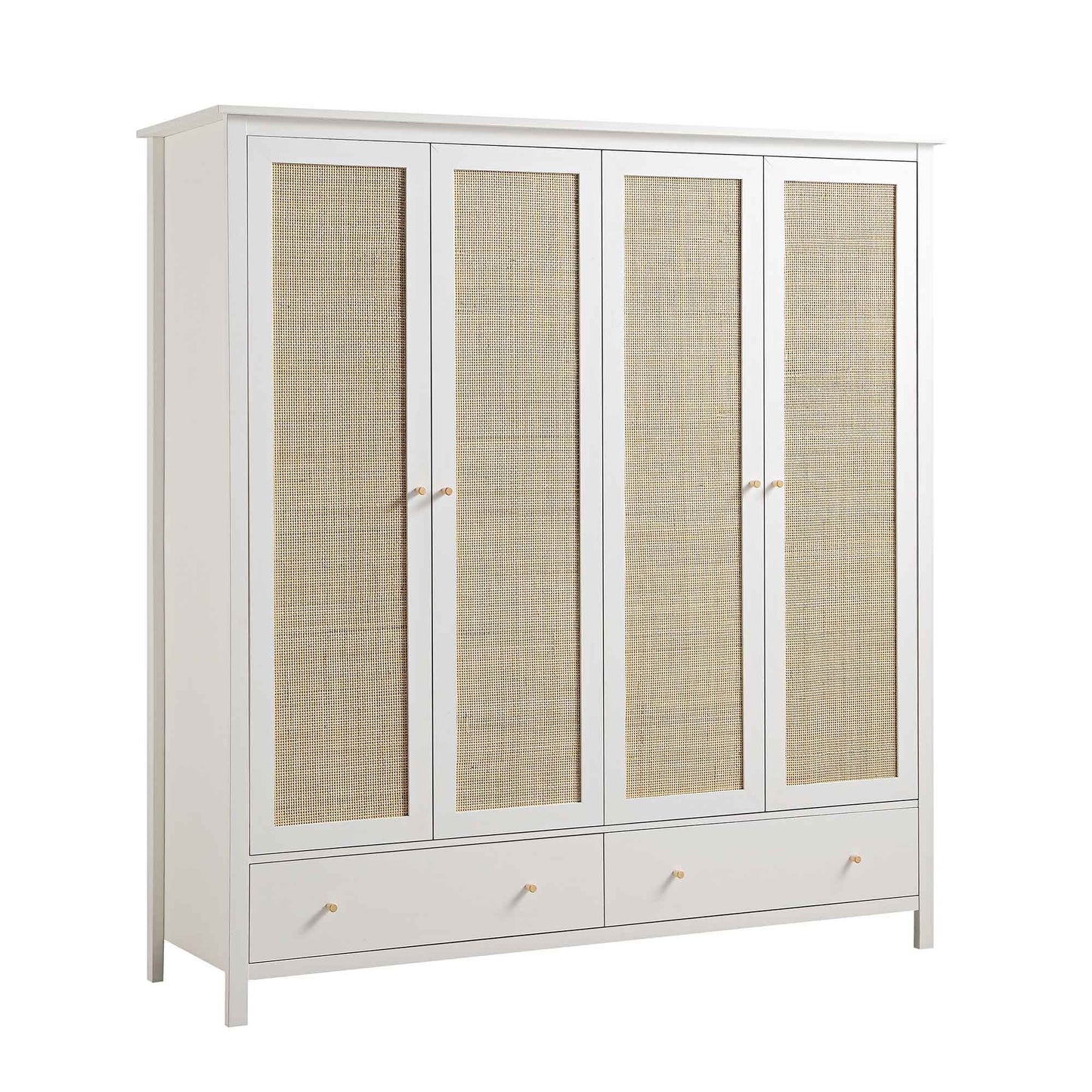 Armoire 4 portes en rotin Frances avec 2 tiroirs, blanche