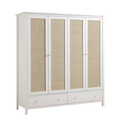 Armoire 4 portes en rotin Frances avec 2 tiroirs, blanche