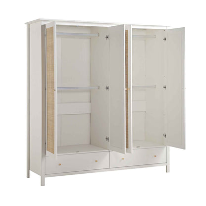Armoire 4 portes en rotin Frances avec 2 tiroirs, blanche
