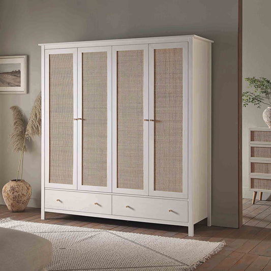 Armoire 4 portes en rotin Frances avec 2 tiroirs, blanche
