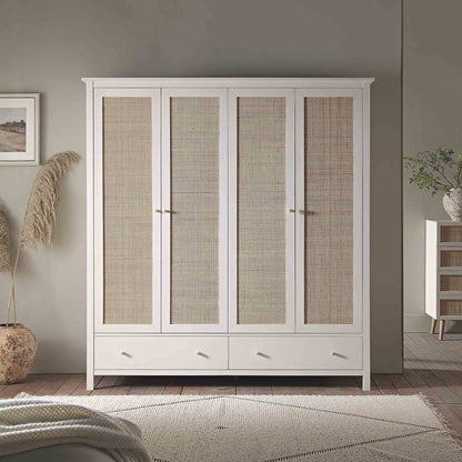 Armoire 4 portes en rotin Frances avec 2 tiroirs, blanche