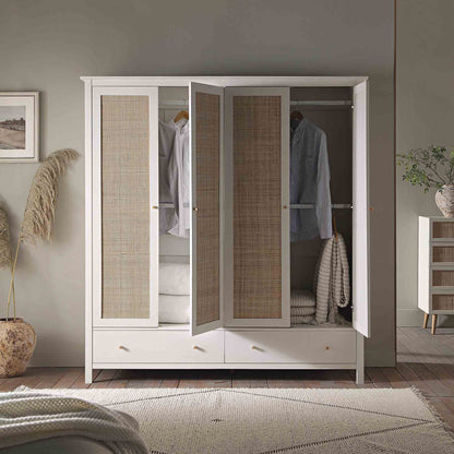 Armoire 4 portes en rotin Frances avec 2 tiroirs, blanche