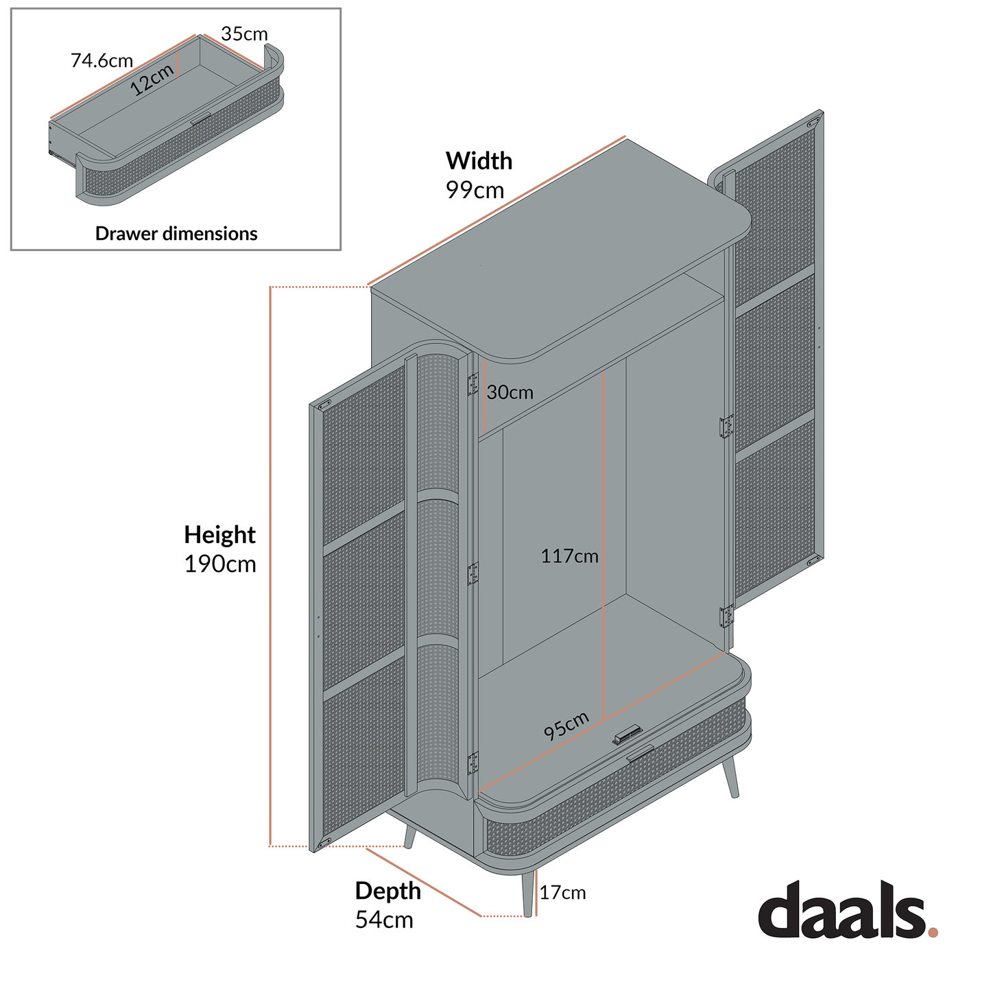 Armoire double en rotin courbé Izzy, noyer