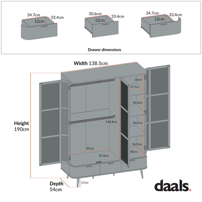 Armoire triple en rotin courbé Izzy, blanche