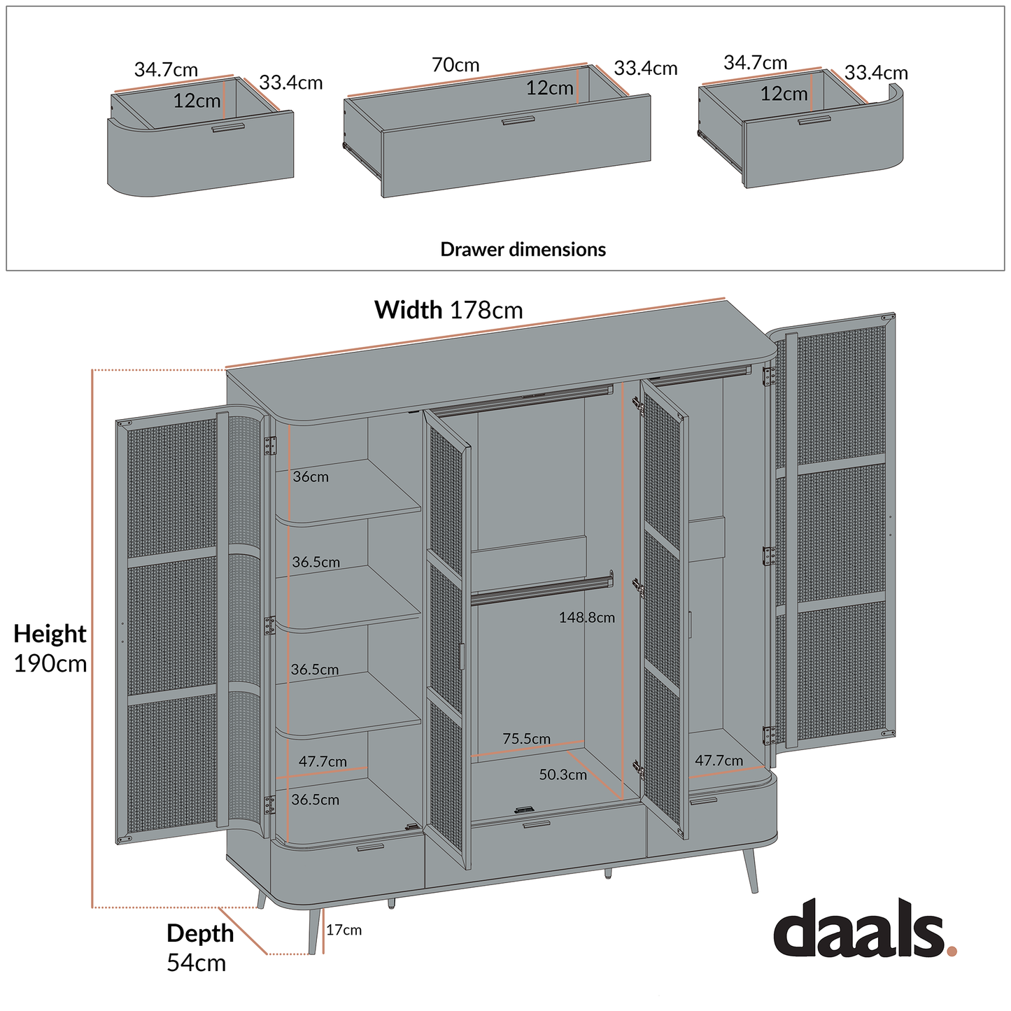 Armoire 4 portes en rotin courbé Izzy, naturel