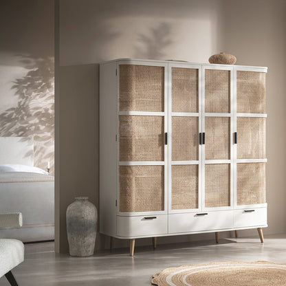 Armoire 4 portes en rotin courbé Izzy, blanche