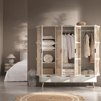 Armoire 4 portes en rotin courbé Izzy, blanche