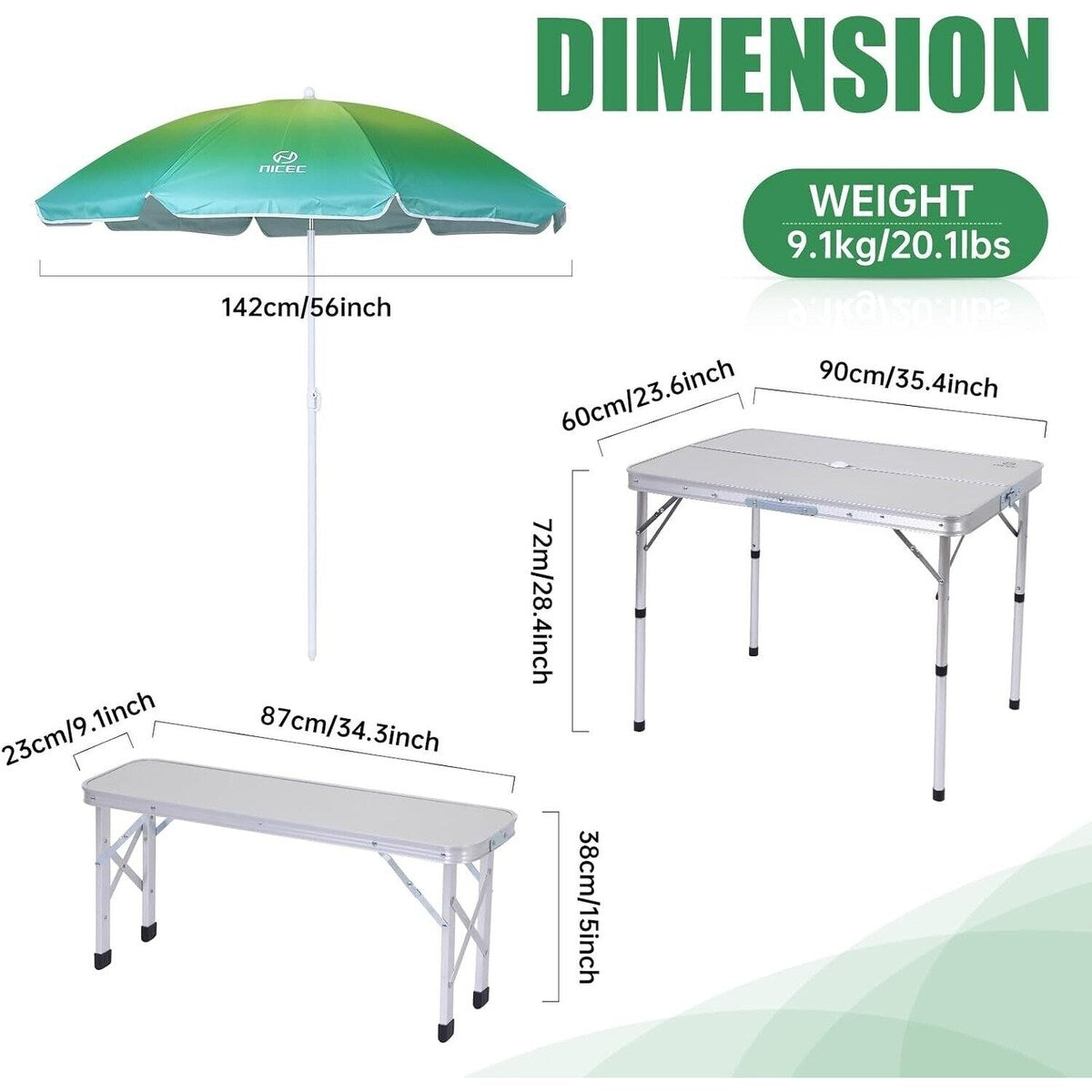 Table de pique-nique pliante avec parasol, idéale pour le camping, la terrasse ou les fêtes en plein air - Blanche avec parasol