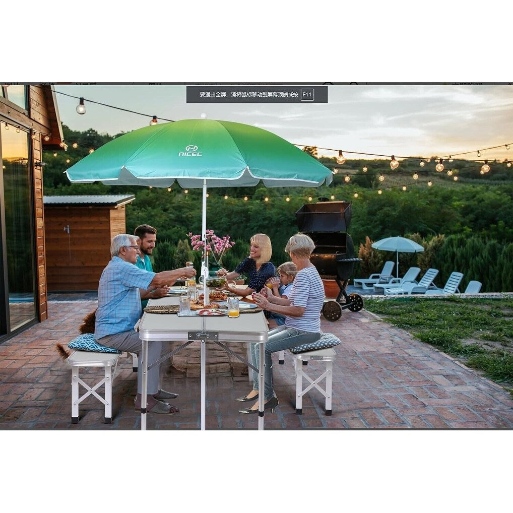 Table de pique-nique pliante avec parasol, idéale pour le camping, la terrasse ou les fêtes en plein air - Blanche avec parasol