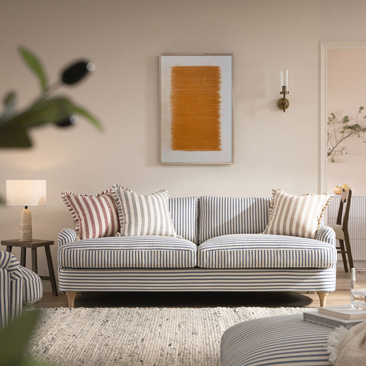Canapé 3 places en lin mélangé à rayures bleues Daphnis