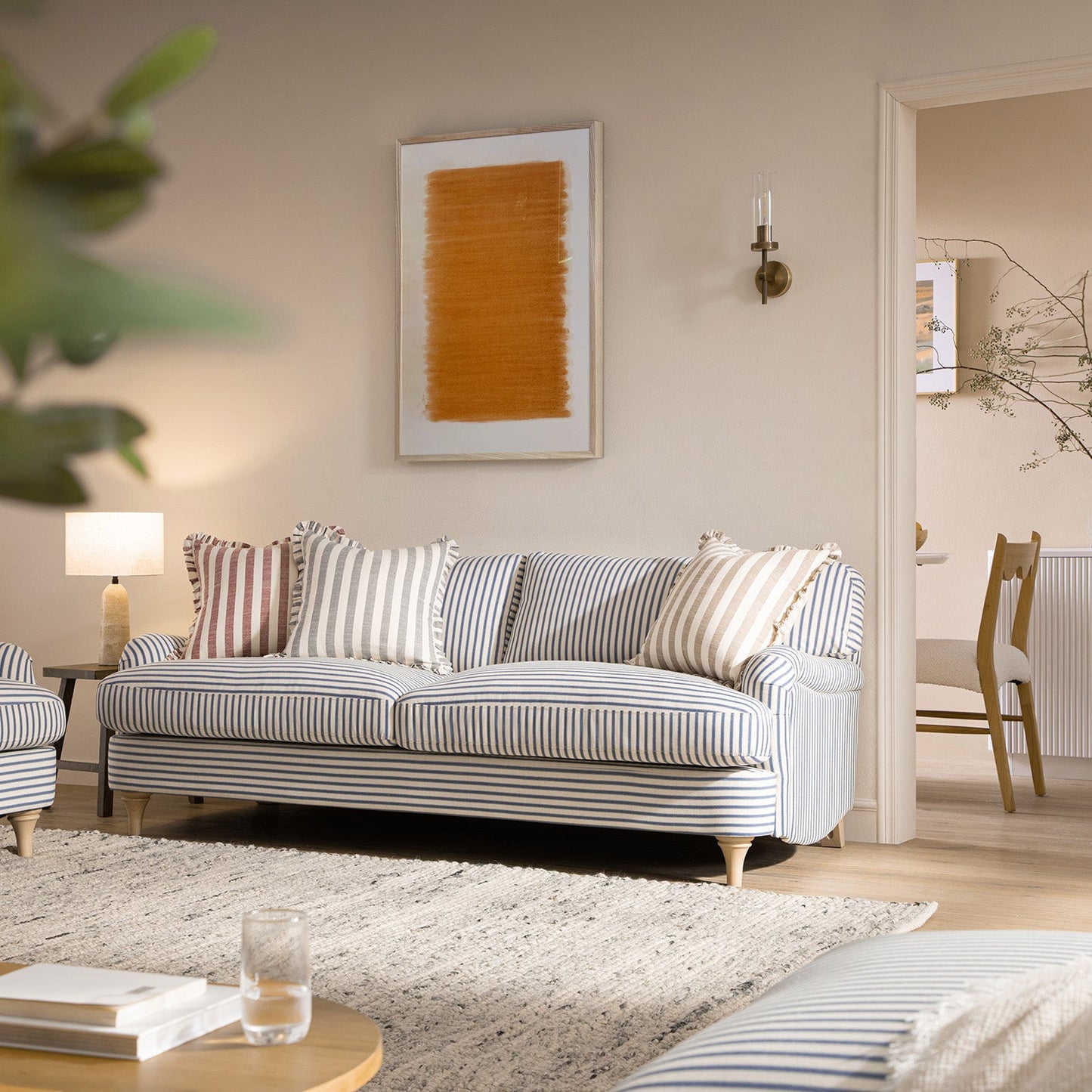 Canapé 3 places en lin mélangé à rayures bleues Daphnis