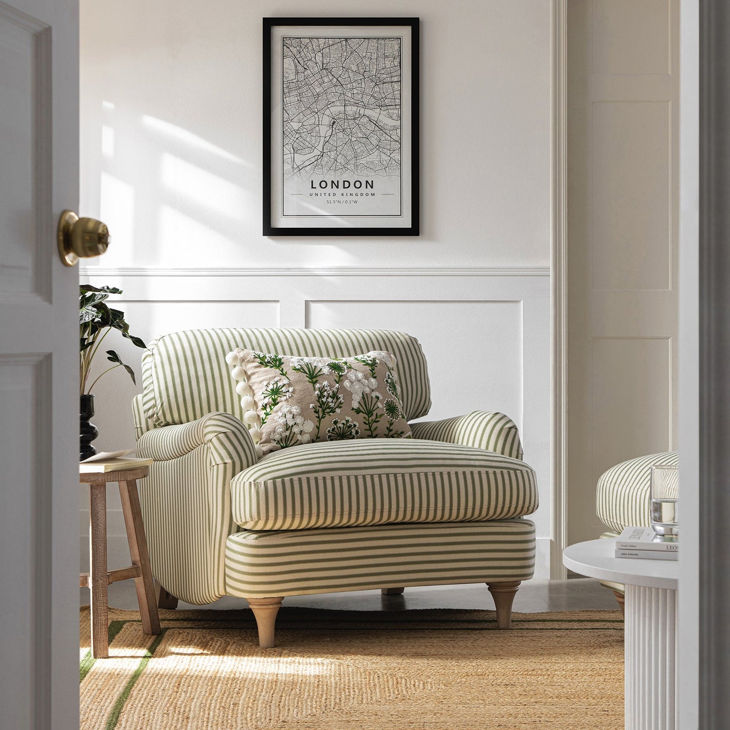 Canapé 1 place en lin mélangé à rayures vertes Daphnis