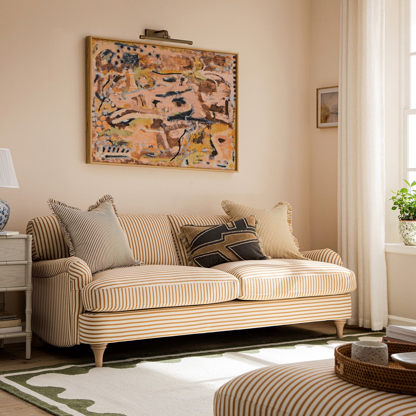 Canapé 3 places en lin mélangé à rayures ocre Daphnis