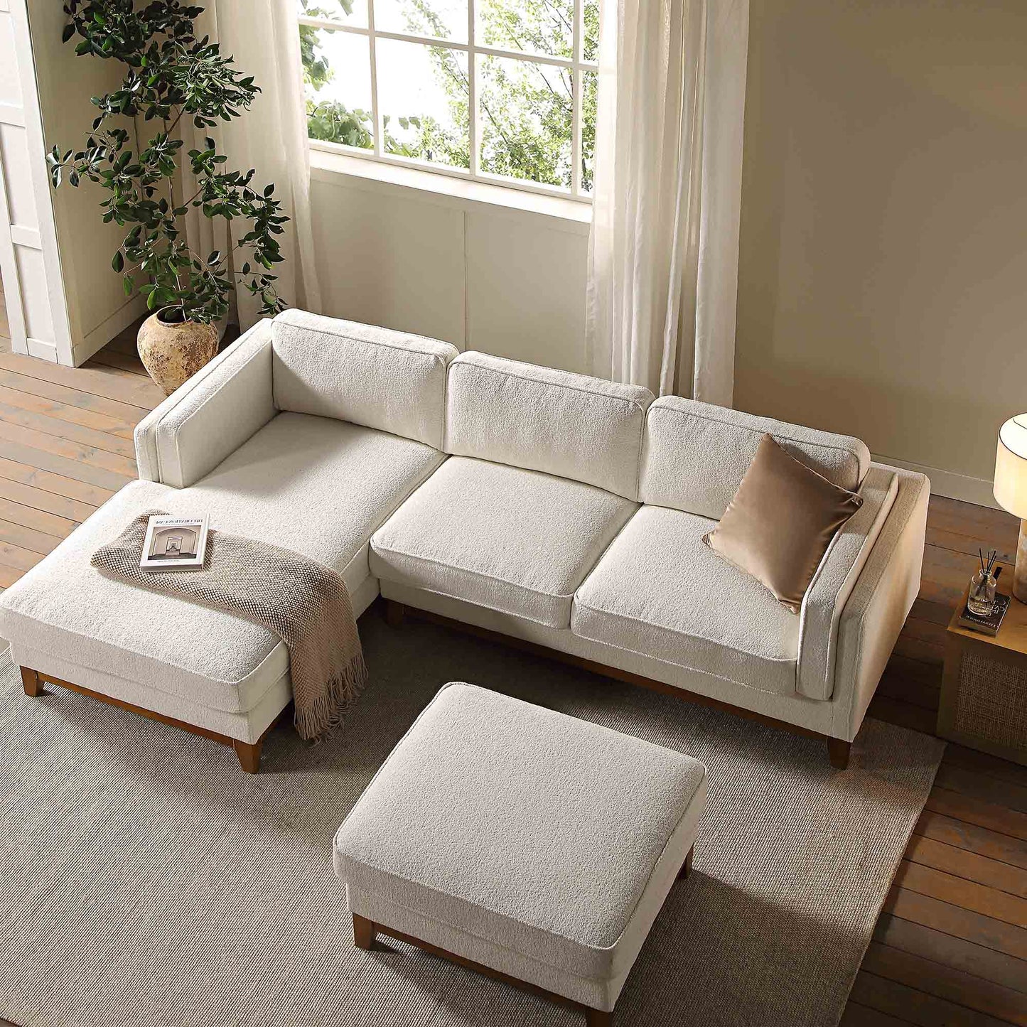 Canapé Dipley en tissu bouclé beige, canapé Grande Chaise, orientation gauche