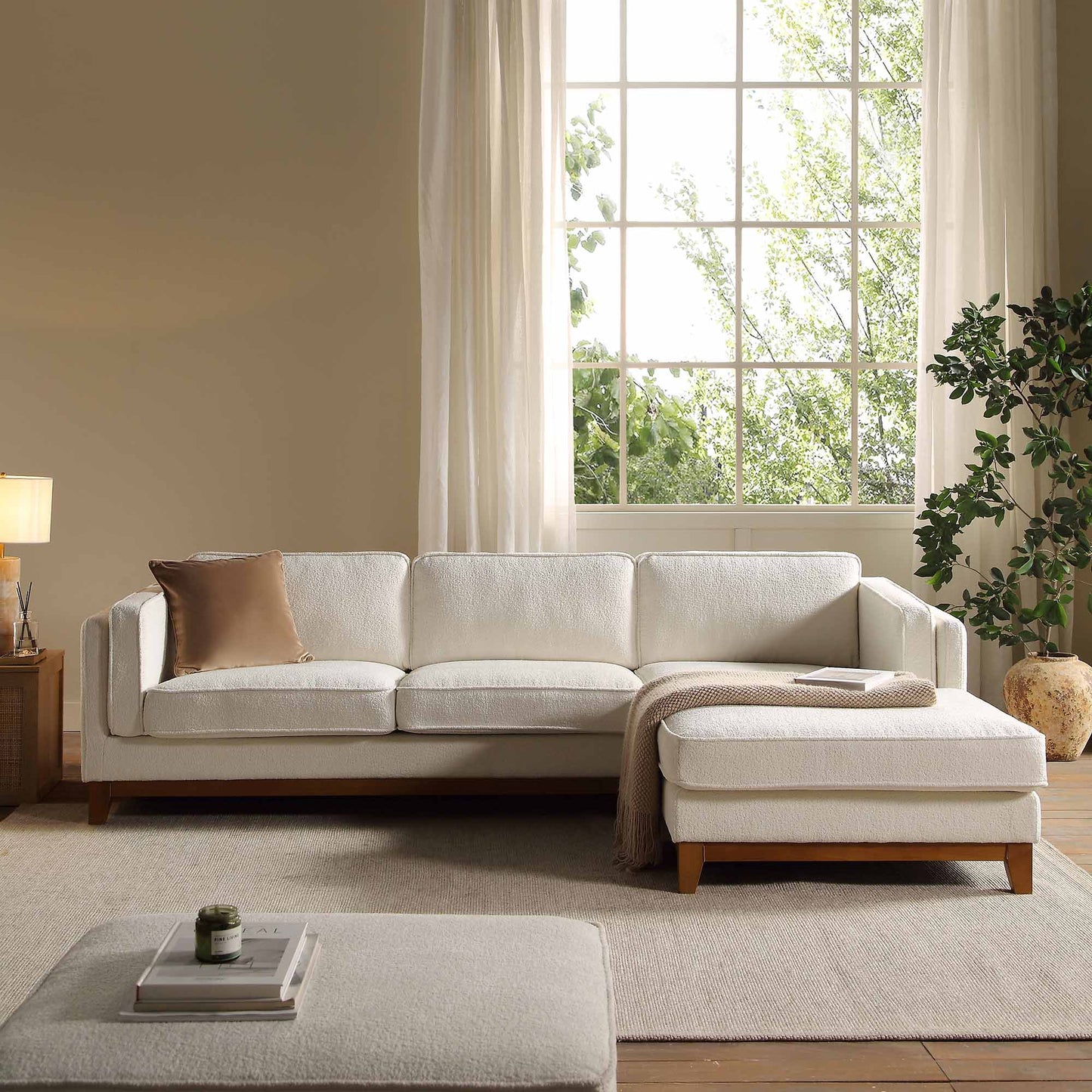 Canapé Dipley en tissu bouclé beige, canapé Grande Chaise, orientation droite