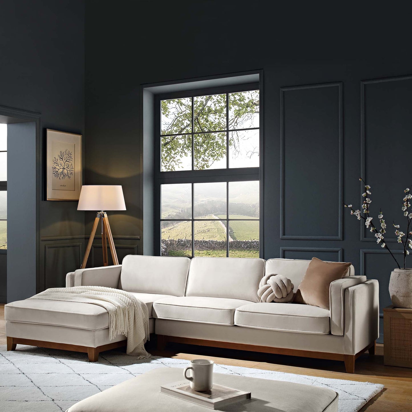 Canapé Dipley en velours champagne, canapé Grande Chaise, orientation gauche