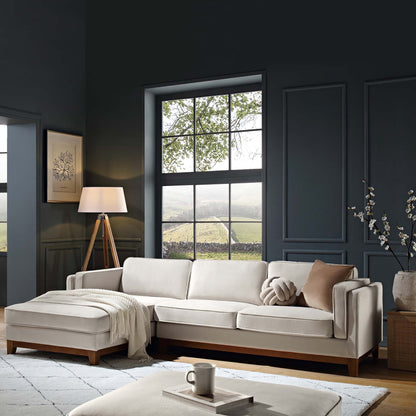 Canapé Dipley en velours champagne, canapé Grande Chaise, orientation gauche