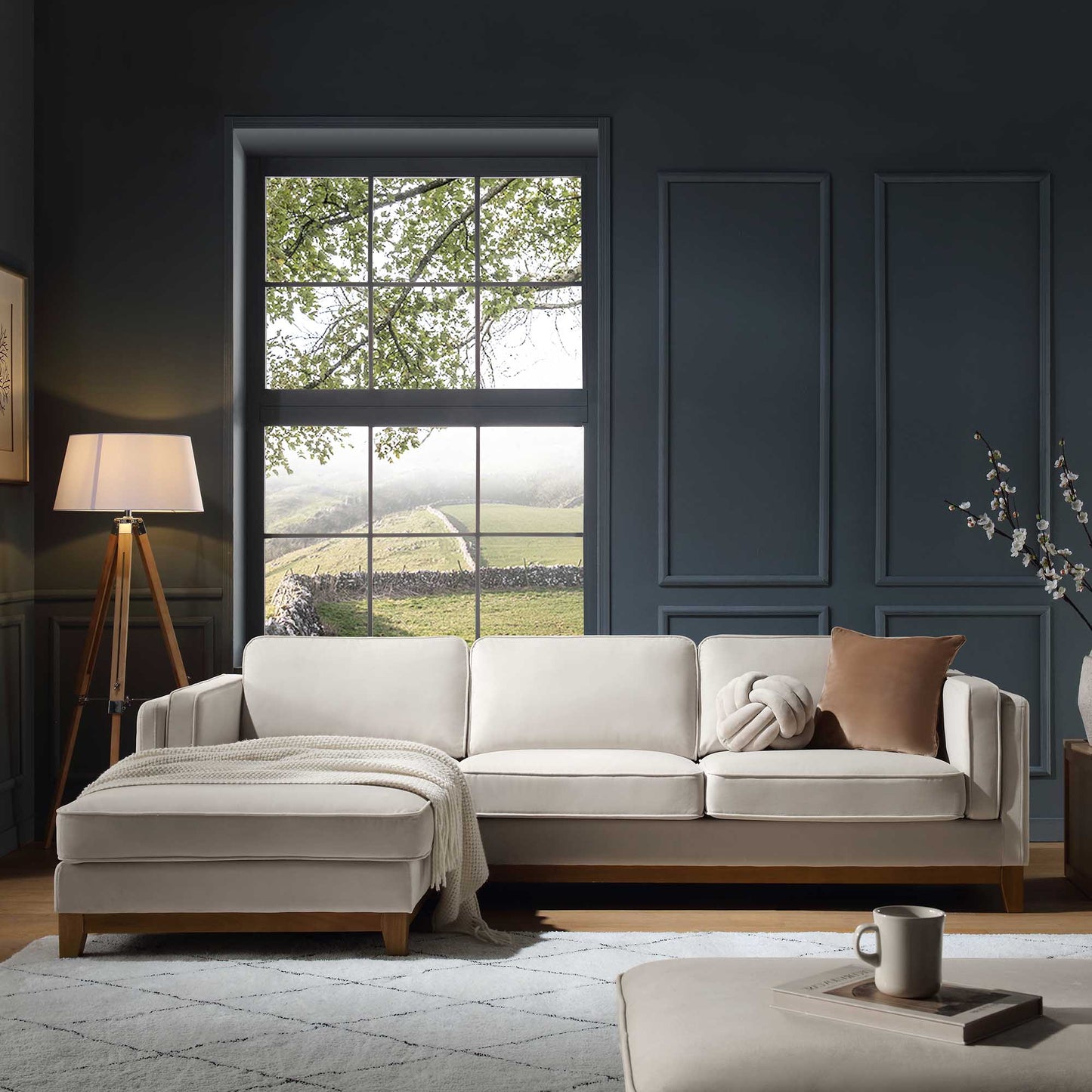 Canapé Dipley en velours champagne, canapé Grande Chaise, orientation gauche