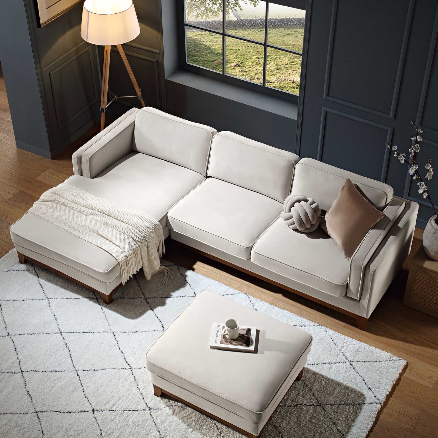 Canapé Dipley en velours champagne, canapé Grande Chaise, orientation gauche