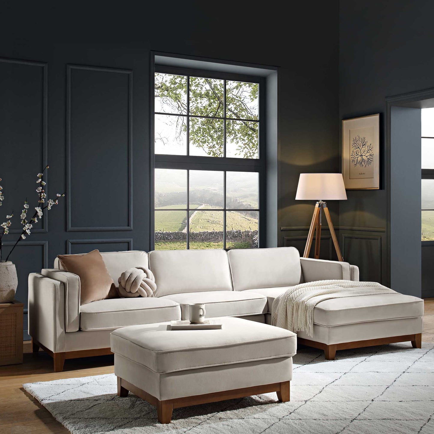 Canapé Dipley en velours champagne, canapé Grande Chaise, orientation droite