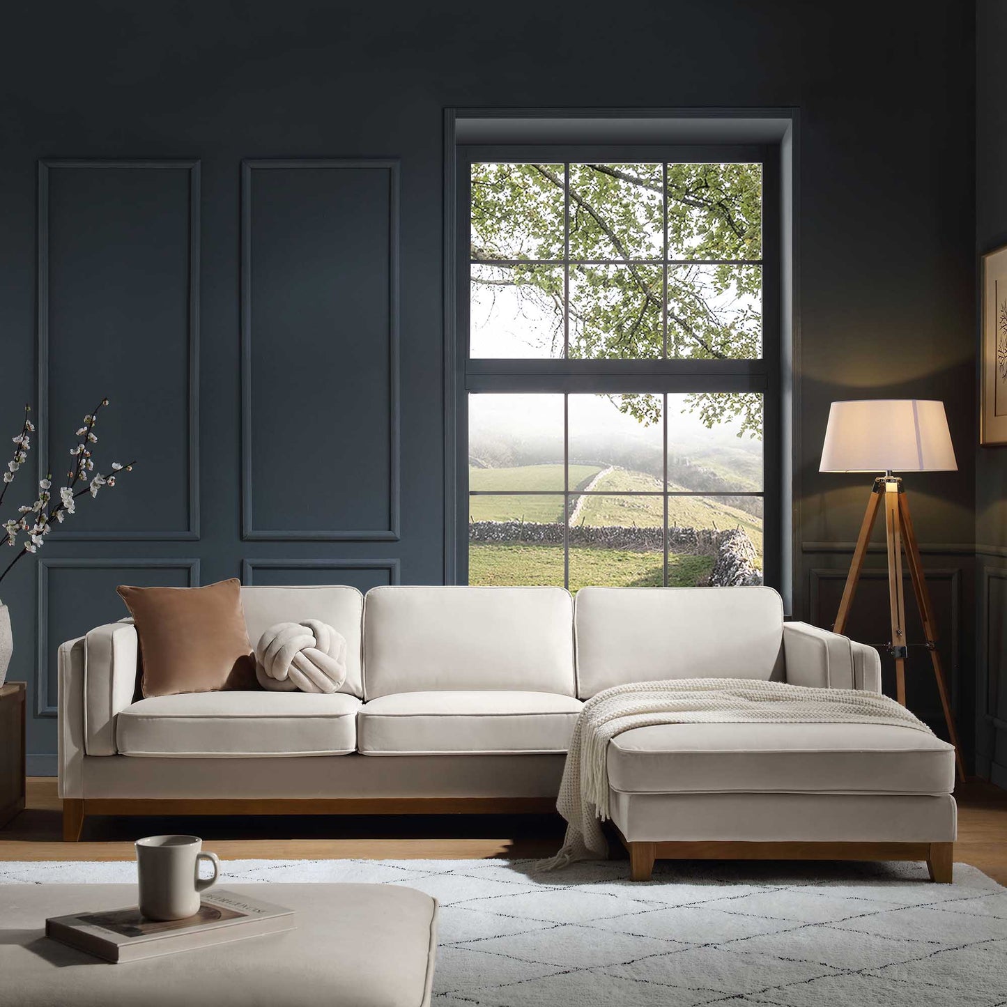 Canapé Dipley en velours champagne, canapé Grande Chaise, orientation droite