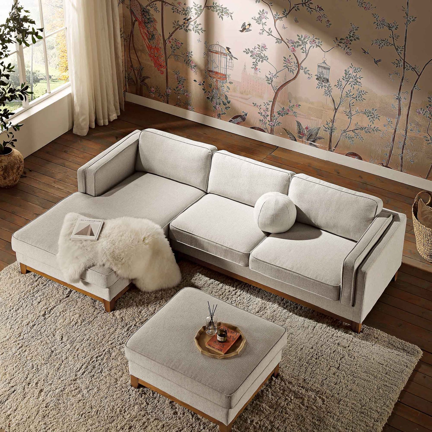 Canapé en tissu tissé Dipley Oatmeal, canapé Grande Chaise, orientation gauche