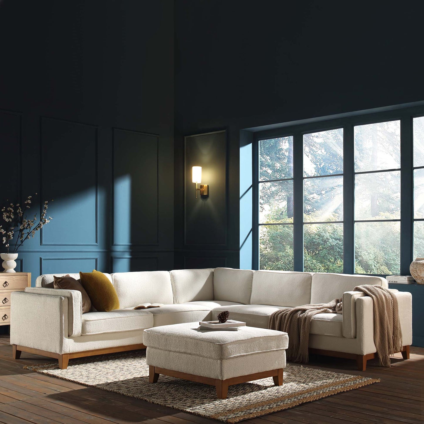 Grand canapé d'angle Dipley en tissu bouclé beige