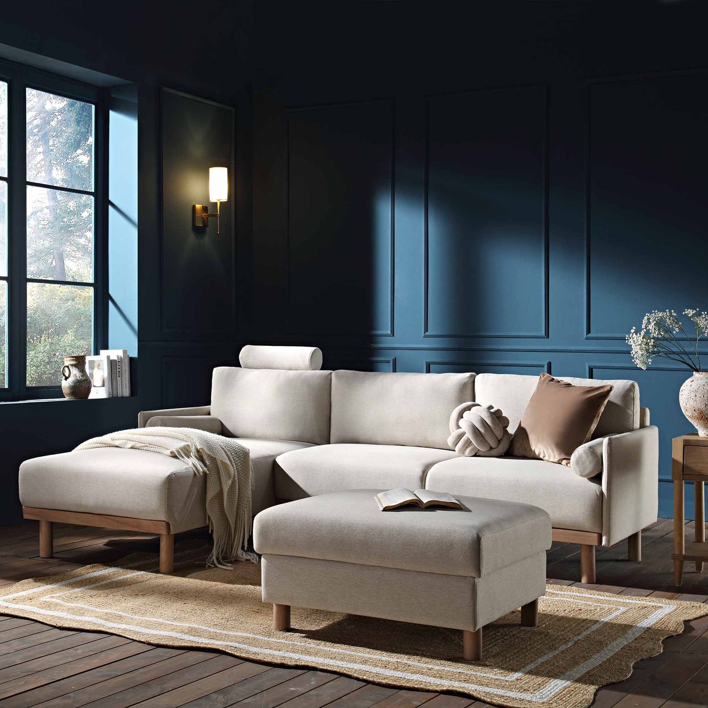 Canapé 3 places en tissu Timber Oatmeal, grand canapé méridienne orienté à gauche