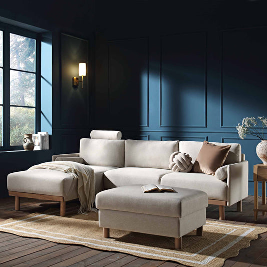 Canapé 3 places en tissu Timber Oatmeal, grand canapé méridienne orienté à gauche