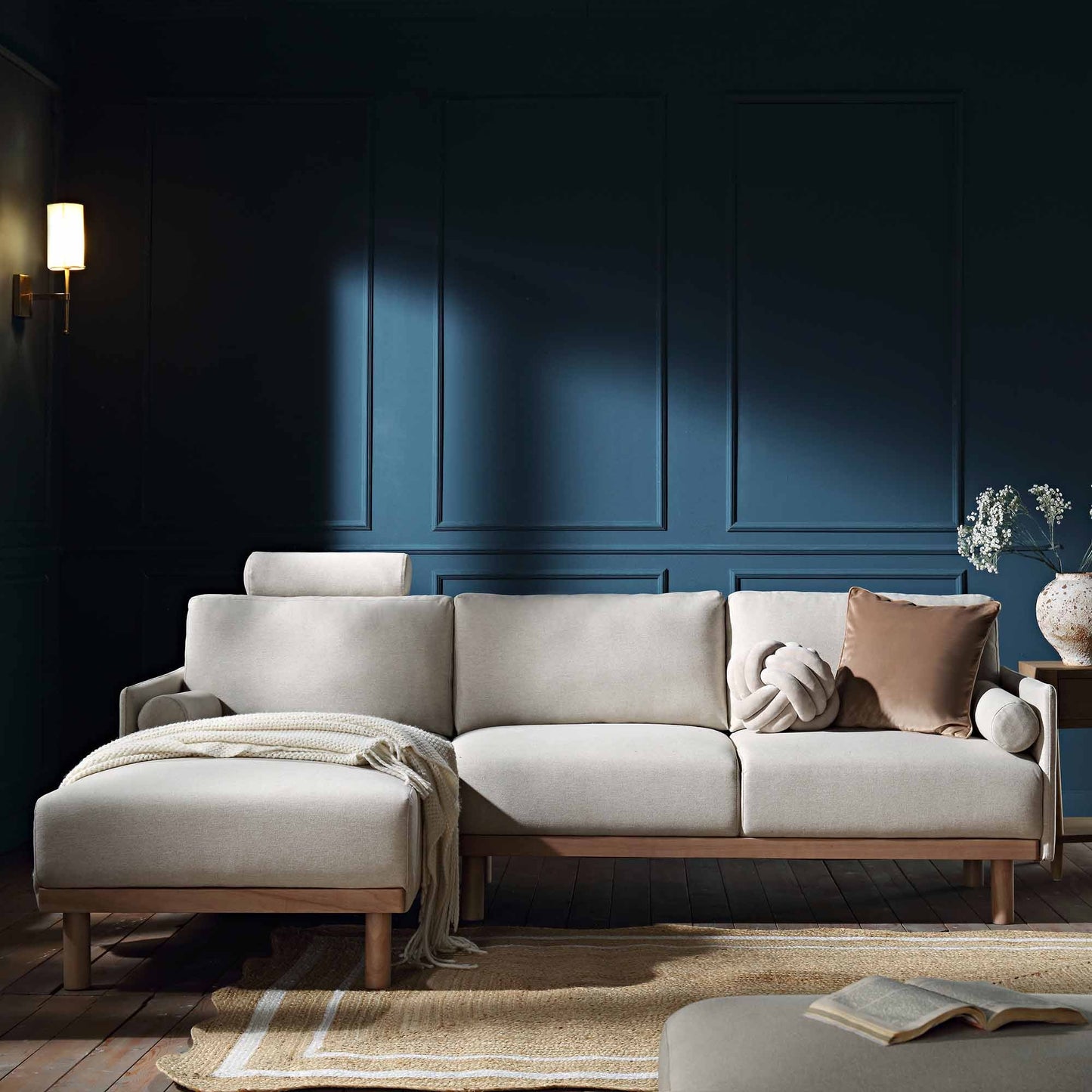 Canapé 3 places en tissu Timber Oatmeal, grand canapé méridienne orienté à gauche