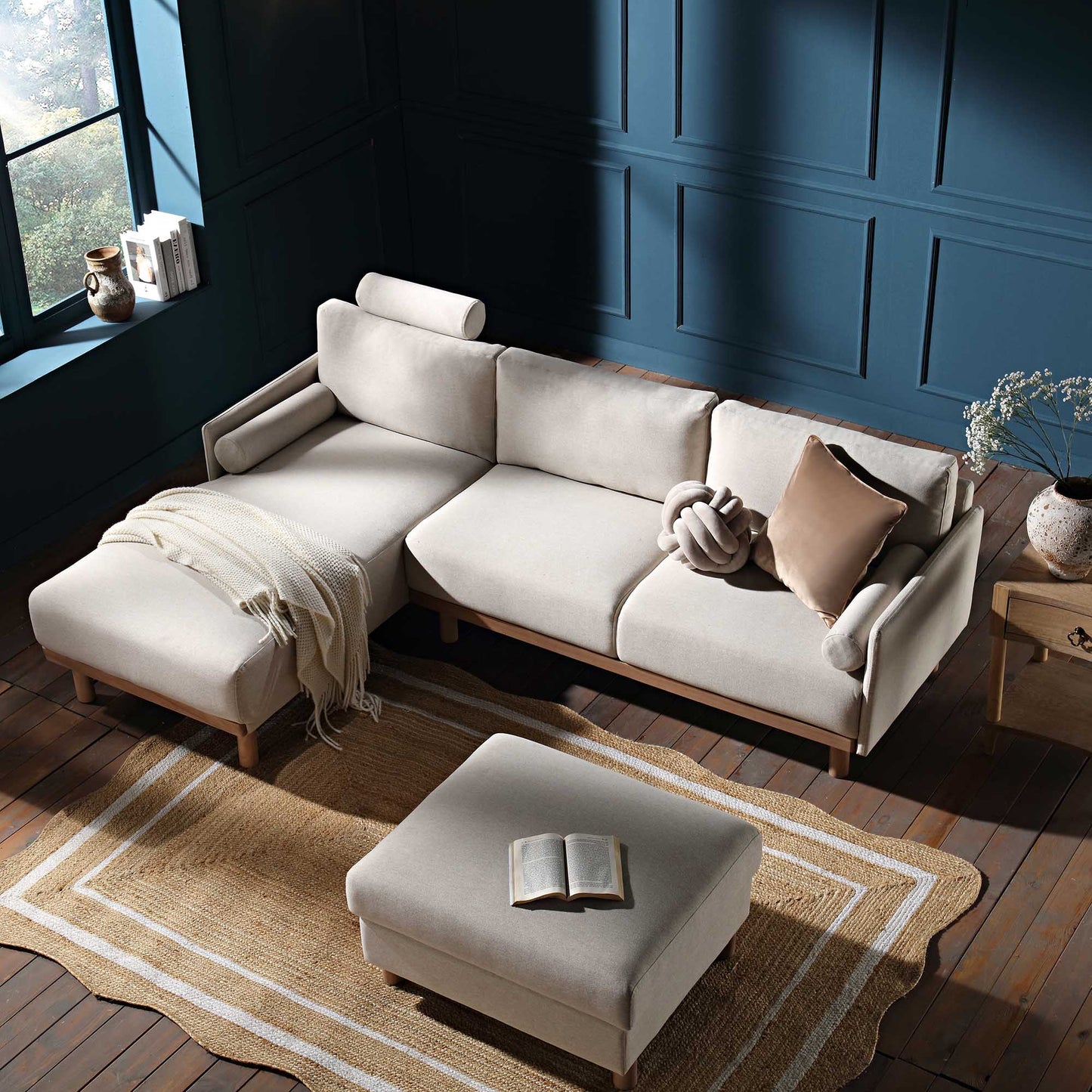 Canapé 3 places en tissu Timber Oatmeal, grand canapé méridienne orienté à gauche