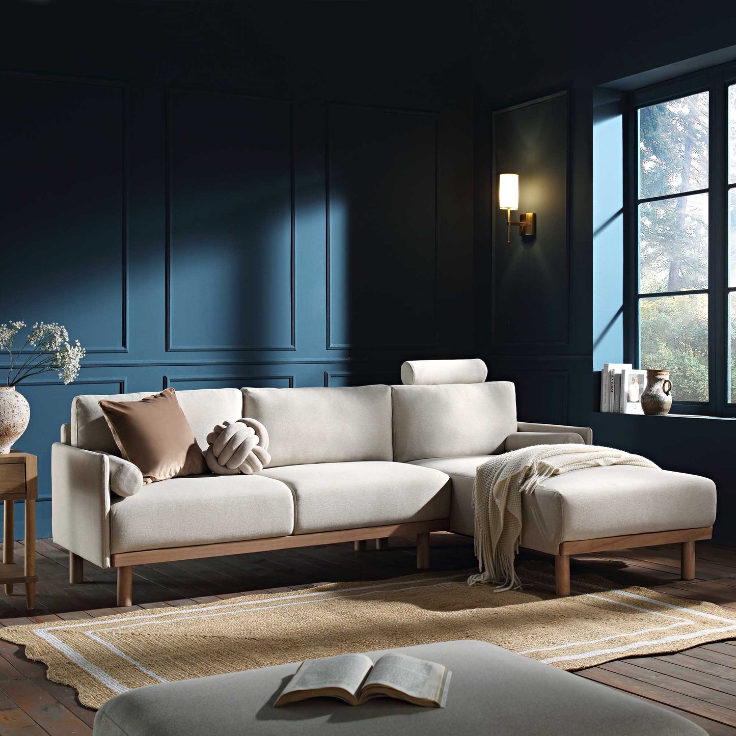 Canapé en tissu Timber Oatmeal, grand canapé méridienne 3 places orienté à droite