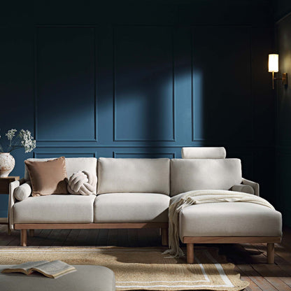 Canapé en tissu Timber Oatmeal, grand canapé méridienne 3 places orienté à droite