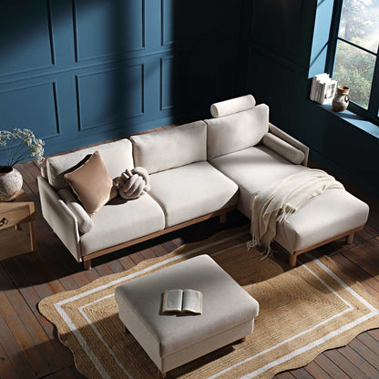 Canapé en tissu Timber Oatmeal, grand canapé méridienne 3 places orienté à droite