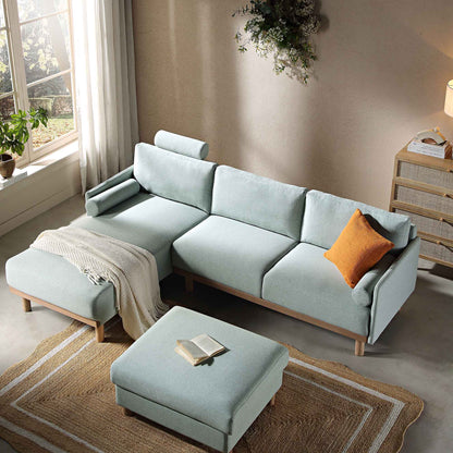 Canapé en tissu vert sauge Timber, grand canapé méridienne 3 places orienté à gauche