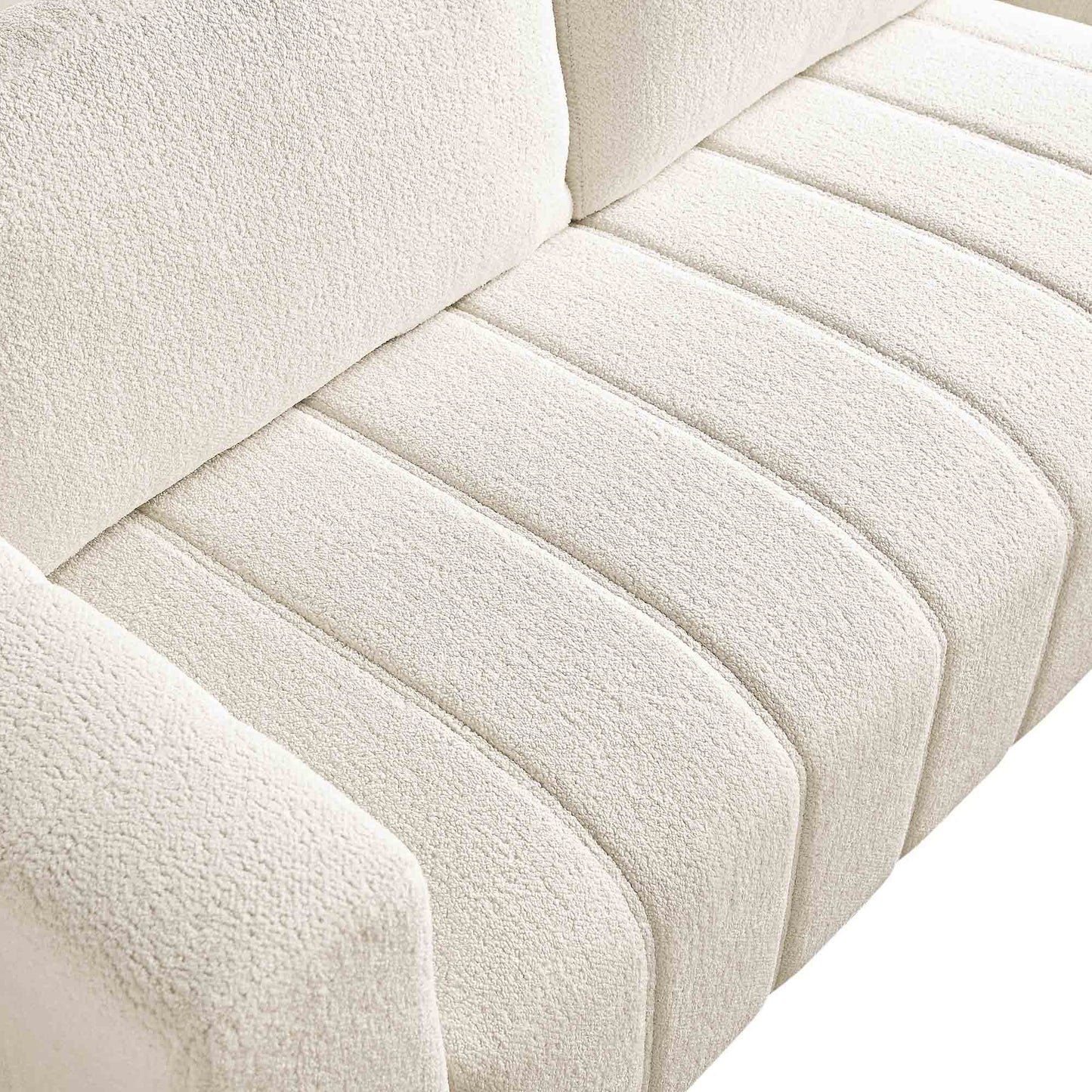 Canapé Belsize beige bouclé avec base en bois, grande méridienne orientée vers la gauche