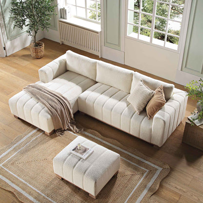 Canapé Belsize beige bouclé avec base en bois, grande méridienne orientée vers la gauche