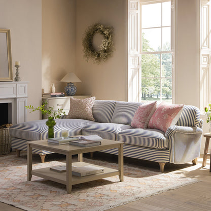 Canapé Daphnis en lin mélangé à rayures bleues, canapé Grande Chaise longue orienté à gauche