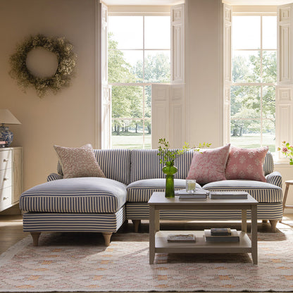 Canapé Daphnis en lin mélangé à rayures bleues, canapé Grande Chaise longue orienté à gauche