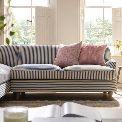 Canapé Daphnis en lin mélangé à rayures bleues, canapé Grande Chaise longue orienté à gauche