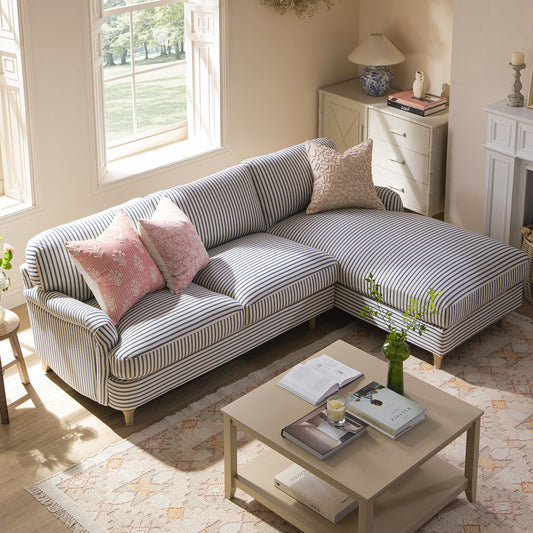 Canapé Daphnis en lin mélangé à rayures bleues, canapé Grande Chaise Longue orienté à droite