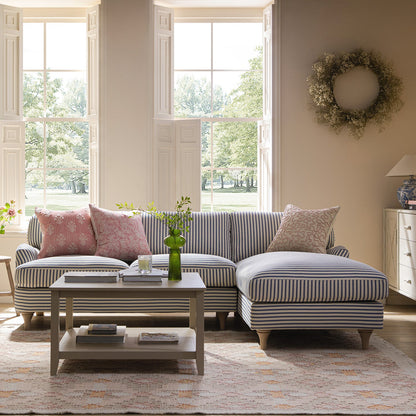 Canapé Daphnis en lin mélangé à rayures bleues, canapé Grande Chaise Longue orienté à droite