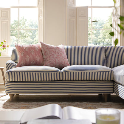 Canapé Daphnis en lin mélangé à rayures bleues, canapé Grande Chaise Longue orienté à droite