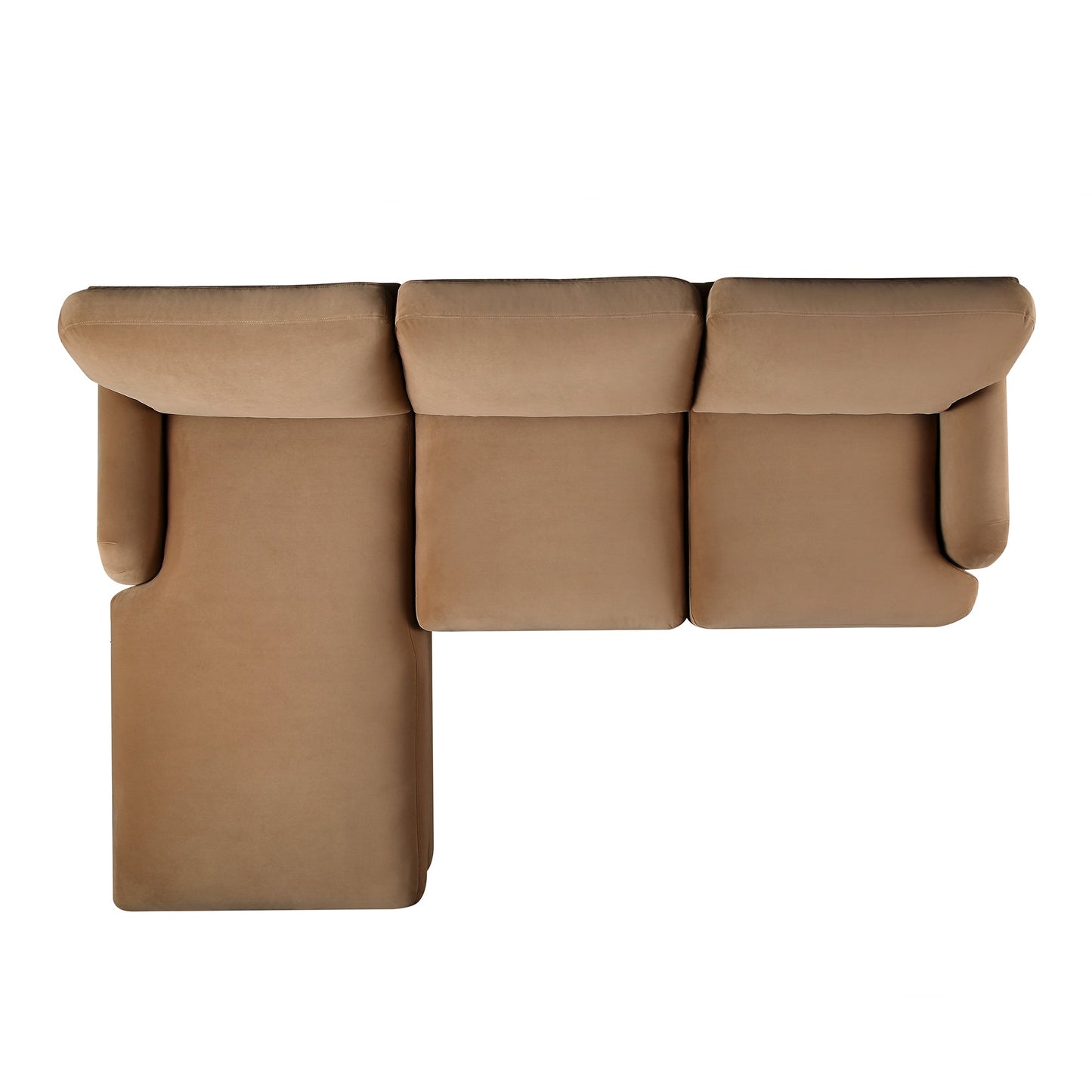 Canapé Daphnis en velours camel, grande chaise longue orientée à gauche