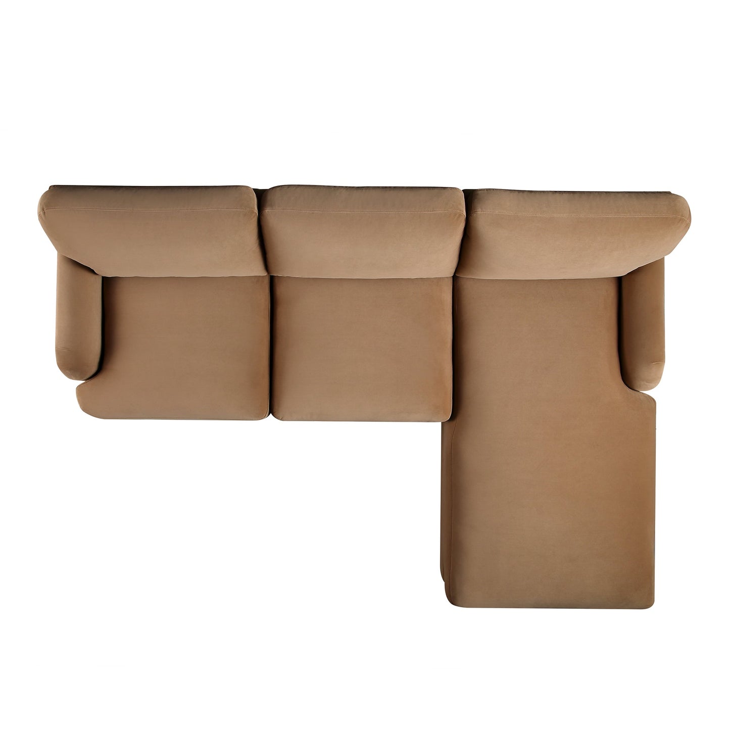 Canapé Daphnis en velours camel, grande chaise longue orientée à droite