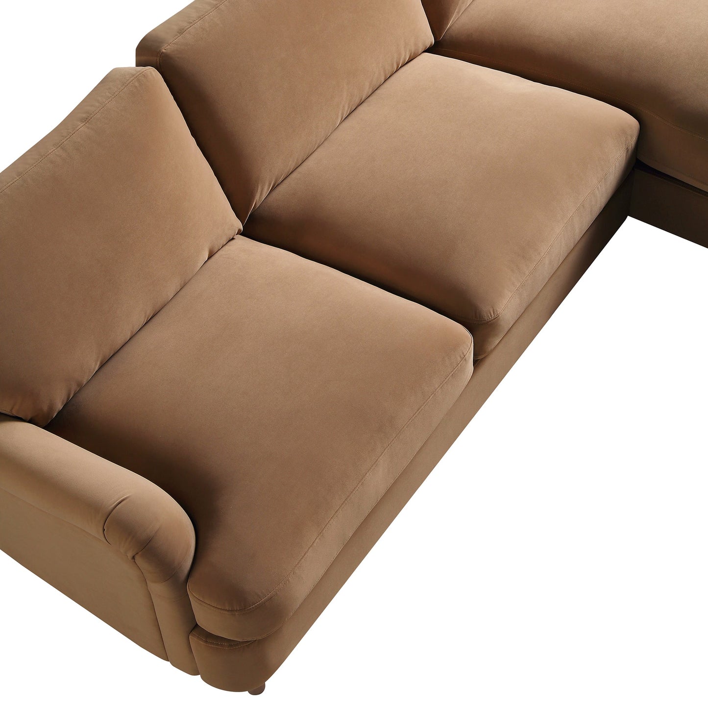 Canapé Daphnis en velours camel, grande chaise longue orientée à droite