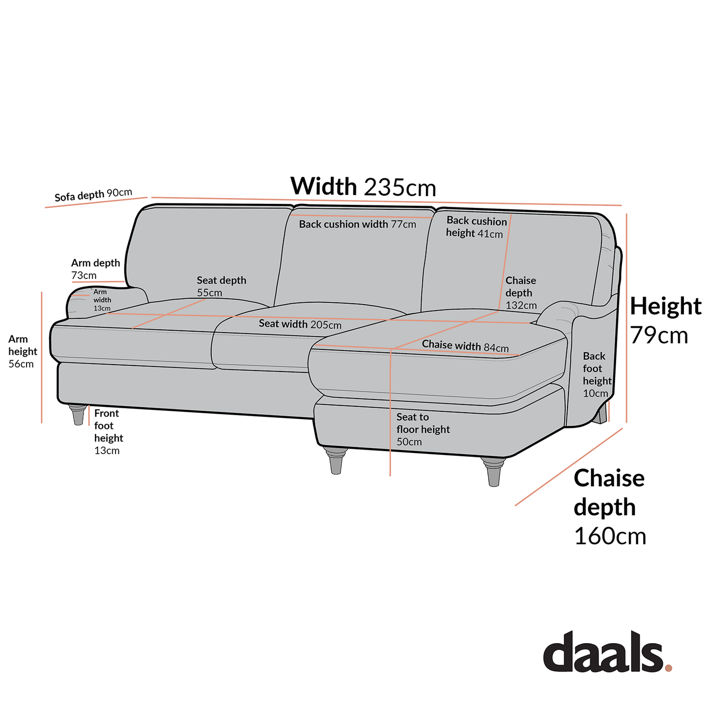 Canapé en tissu Daphnis Oatmeal, Grande Chaise Longue orientée à droite